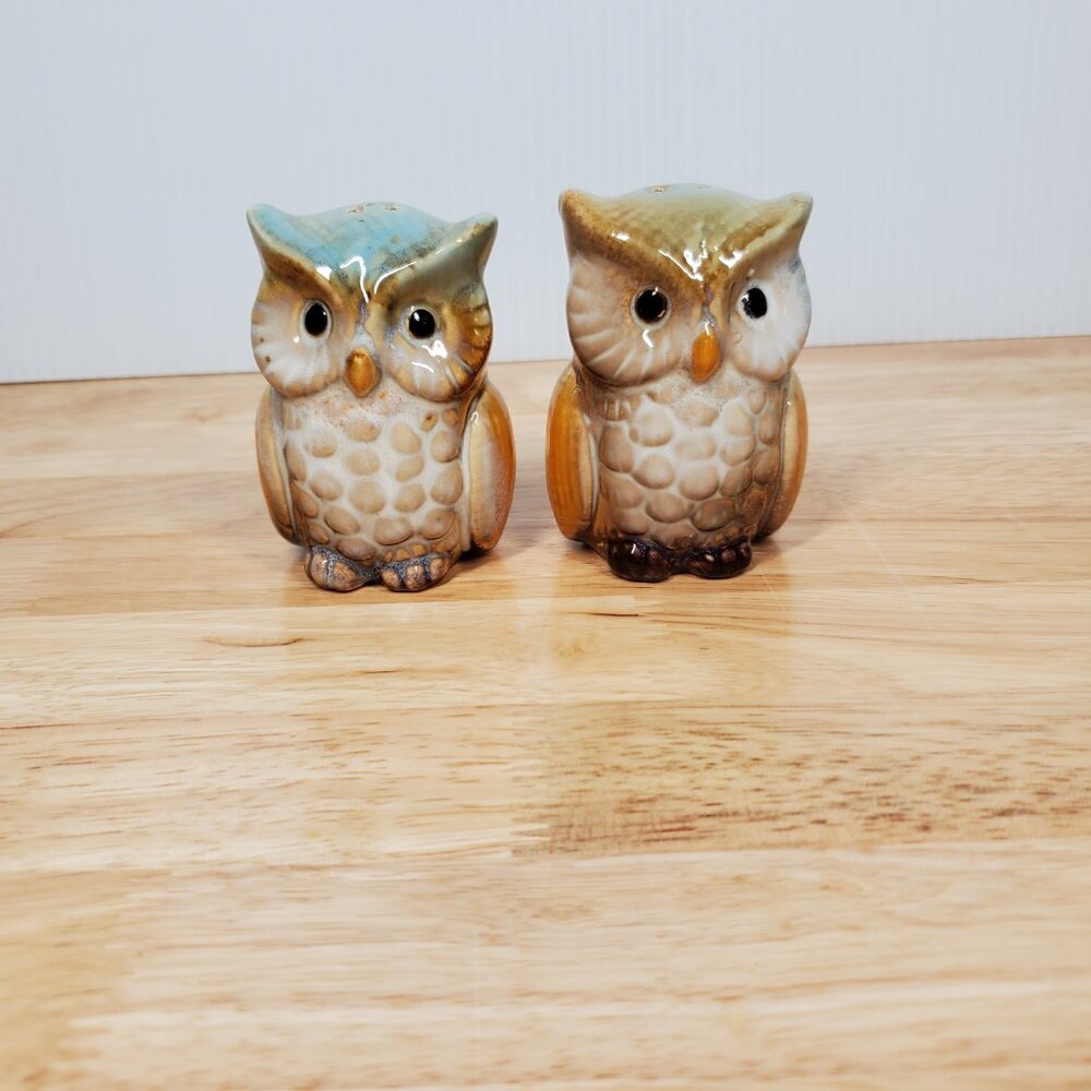 Owl S&P Shaker 2 Piece set Including corks, Ceramic with Brown Beige Blue Glaze